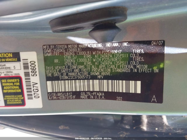 Aukcja sprzedaży 2007 Toyota Sienna Xle Limited, vin: 5TDBK22C37S005173, numer aukcji: 45392105