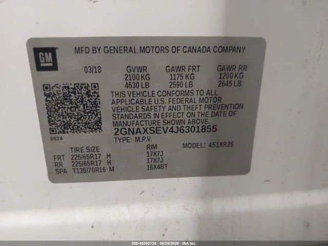 Продаж на аукціоні авто 2018 Chevrolet Equinox Lt, vin: 2GNAXSEV4J6301855, номер лоту: 45392124