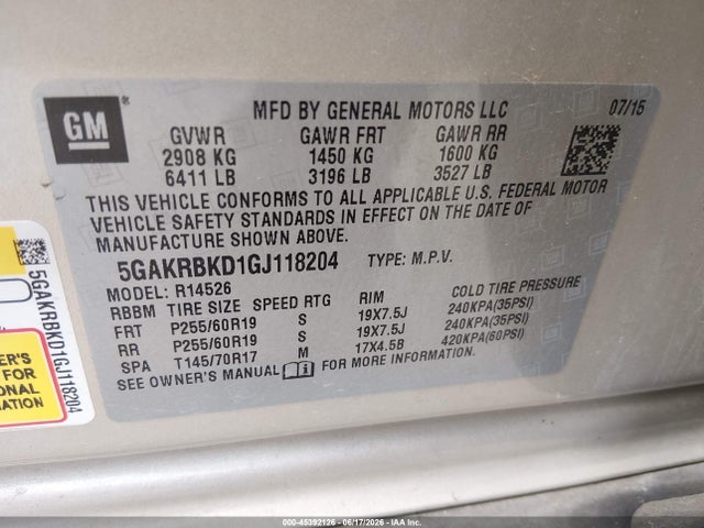 45392126 :رقم المزاد ، 5GAKRBKD1GJ118204 vin ، 2016 Buick Enclave Leather مزاد بيع