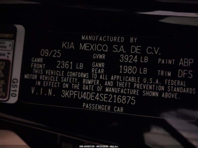 Aukcja sprzedaży 2025 Kia K4 Ex, vin: 3KPFU4DE4SE216875, numer aukcji: 45392129