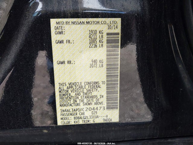Aukcja sprzedaży 2015 Nissan Altima 2.5 S, vin: 1N4AL3AP1FC204473, numer aukcji: 45392130