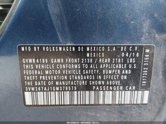 2016 Volkswagen Jetta 1.4t S მანქანა იყიდება აუქციონზე, vin: 3VW267AJ1GM378579, აუქციონის ნომერი: 45392133