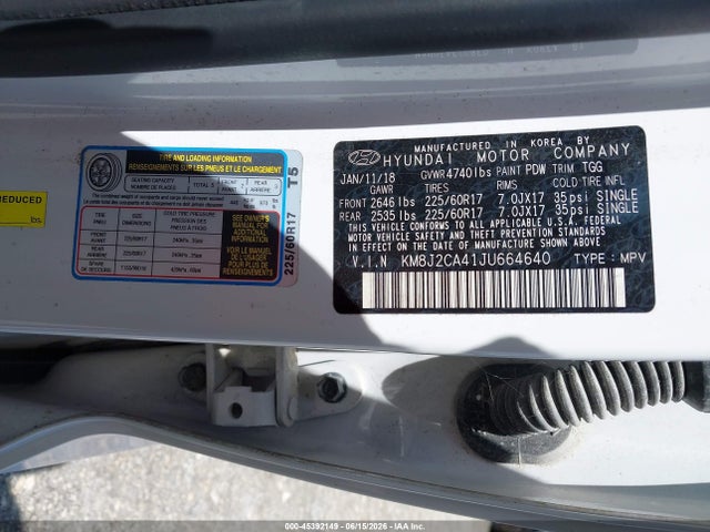 Aukcja sprzedaży 2018 Hyundai Tucson Se, vin: KM8J2CA41JU664640, numer aukcji: 45392149