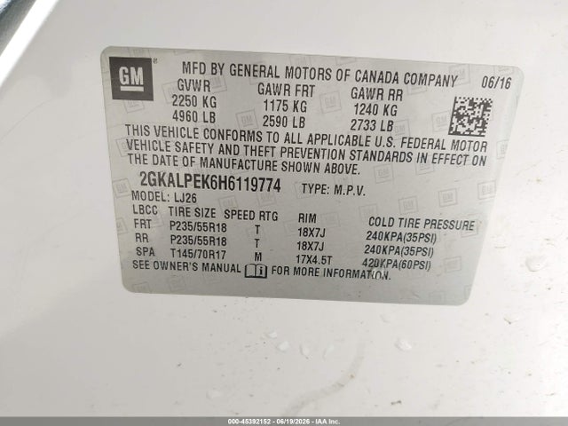 Aukcja sprzedaży 2017 Gmc Terrain Slt, vin: 2GKALPEK6H6119774, numer aukcji: 45392152