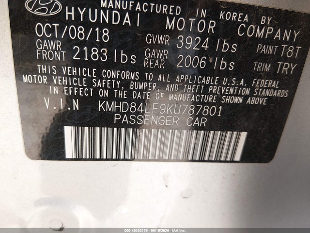 45392159 :رقم المزاد ، KMHD84LF9KU787801 vin ، 2019 Hyundai Elantra Value Edition مزاد بيع