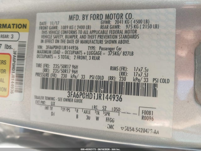 Продажа на аукционе авто 2018 Ford Fusion Se, vin: 3FA6P0HD1JR144936, номер лота: 45392173