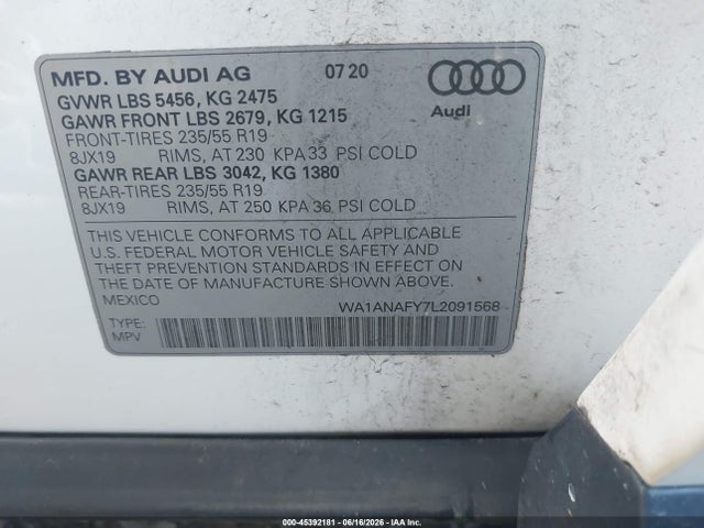 Auction sale of the 2020 Audi Q5 Premium 45 Tfsi Quattro S Tronic, vin: WA1ANAFY7L2091568, lot number: 45392181
