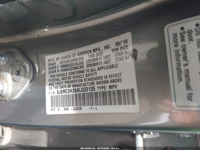 Aukcja sprzedaży 2010 Honda Cr-v Lx, vin: 5J6RE3H36AL033135, numer aukcji: 45392184