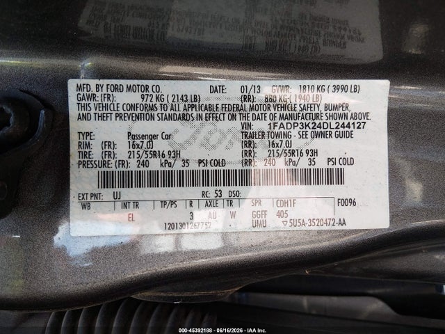 45392188 :رقم المزاد ، 1FADP3K24DL244127 vin ، 2013 Ford Focus Se مزاد بيع