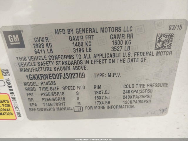 Продажа на аукционе авто 2015 Gmc Acadia Sle-1, vin: 1GKKRNED0FJ302709, номер лота: 45392201