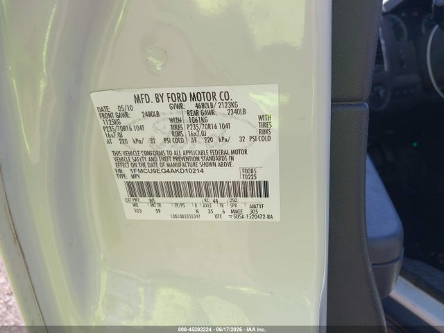Aukcja sprzedaży 2010 Ford Escape Limited, vin: 1FMCU9EG4AKD10214, numer aukcji: 45392224