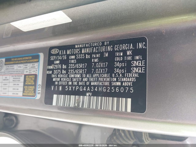 Продажа на аукционе авто 2017 Kia Sorento 2.4l Lx, vin: 5XYPG4A34HG256075, номер лота: 45392225