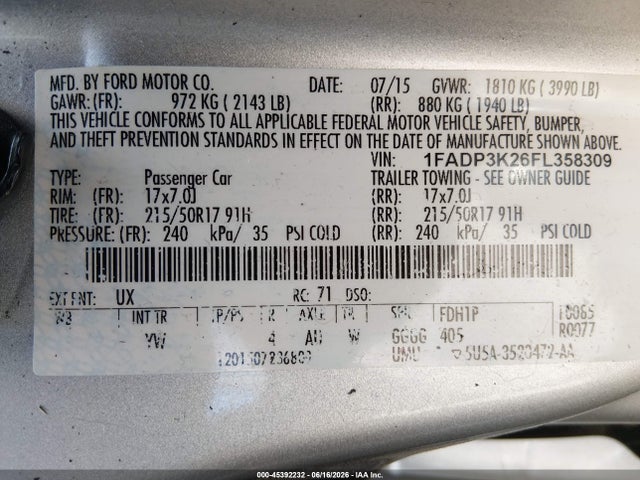 1FADP3K26FL358309 Ford FOCUS SE