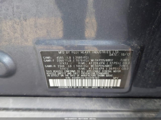 45392233 :رقم المزاد ، 4S4BRCKC1D3249107 vin ، 2013 Subaru Outback 2.5i Limited مزاد بيع