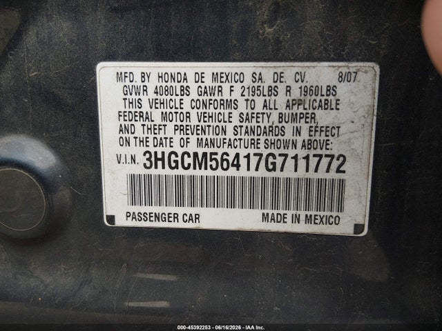 45392253 :رقم المزاد ، 3HGCM56417G711772 vin ، 2007 Honda Accord 2.4 Lx مزاد بيع