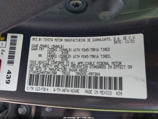 2022 Toyota Tacoma Sr მანქანა იყიდება აუქციონზე, vin: 3TYAX5GN4NT041500, აუქციონის ნომერი: 45392260