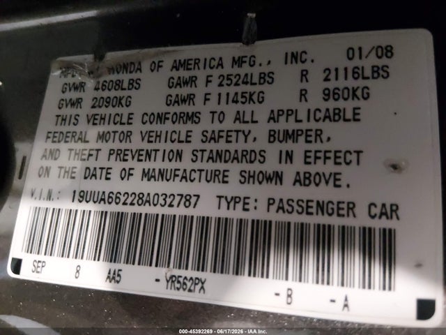 Aukcja sprzedaży 2008 Acura Tl 3.2, vin: 19UUA66228A032787, numer aukcji: 45392269