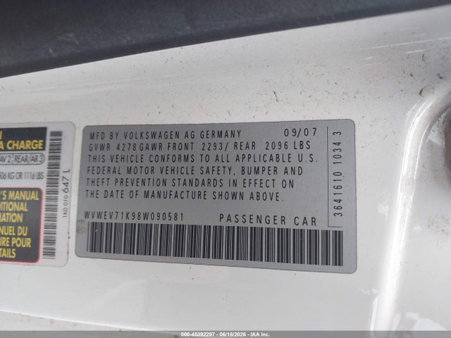 45392297 :رقم المزاد ، WVWEV71K98W090581 vin ، 2008 Volkswagen Gti 2-door مزاد بيع