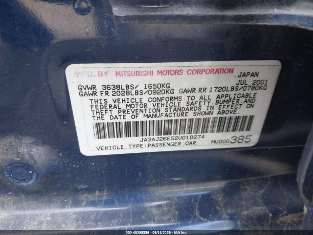 Aukcja sprzedaży 2002 Mitsubishi Lancer Es, vin: JA3AJ26E52U010274, numer aukcji: 45392324