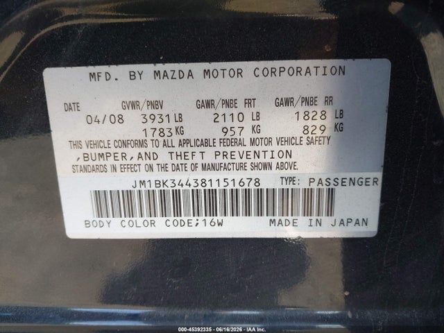2008 Mazda Mazda3 S Sport მანქანა იყიდება აუქციონზე, vin: JM1BK344381151678, აუქციონის ნომერი: 45392335