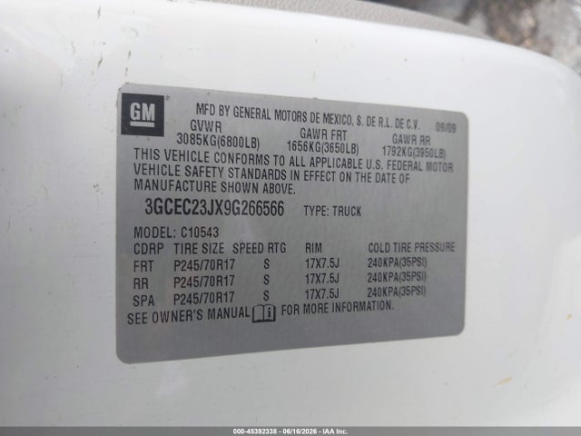 Продаж на аукціоні авто 2009 Chevrolet Silverado 1500 Lt, vin: 3GCEC23JX9G266566, номер лоту: 45392338