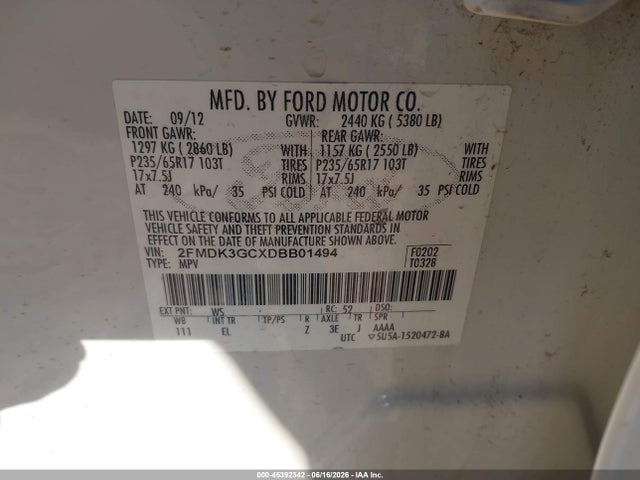 Продажа на аукционе авто 2013 Ford Edge Se, vin: 2FMDK3GCXDBB01494, номер лота: 45392342