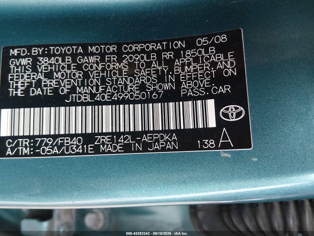 45392343 :رقم المزاد ، JTDBL40E499050167 vin ، 2009 Toyota Corolla Le مزاد بيع
