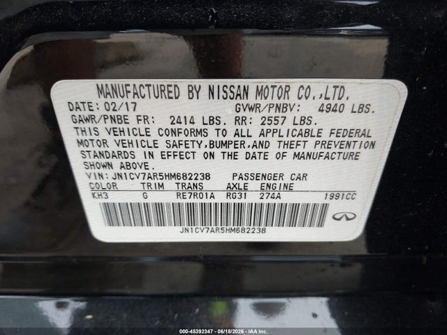 45392347 :رقم المزاد ، JN1CV7AR5HM682238 vin ، 2017 Infiniti Q50 2.0t Base مزاد بيع