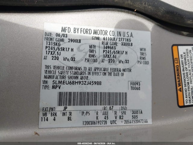 2003 Lincoln Aviator მანქანა იყიდება აუქციონზე, vin: 5LMEU68H93ZJ45988, აუქციონის ნომერი: 45392348
