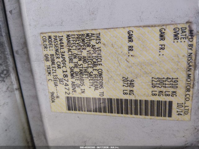 Nissan Altima 2.5 S 2015 1N4AL3AP0FC187472 Image 9