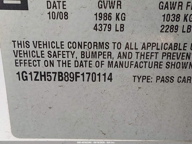 2009 Chevrolet Malibu Lt მანქანა იყიდება აუქციონზე, vin: 1G1ZH57B89F170114, აუქციონის ნომერი: 45392360