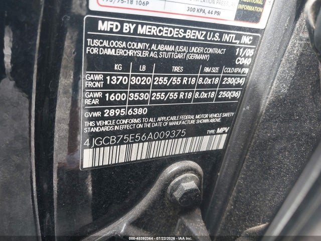 Продаж на аукціоні авто 2006 Mercedes-benz R 500 4matic, vin: 4JGCB75E56A009375, номер лоту: 45392364