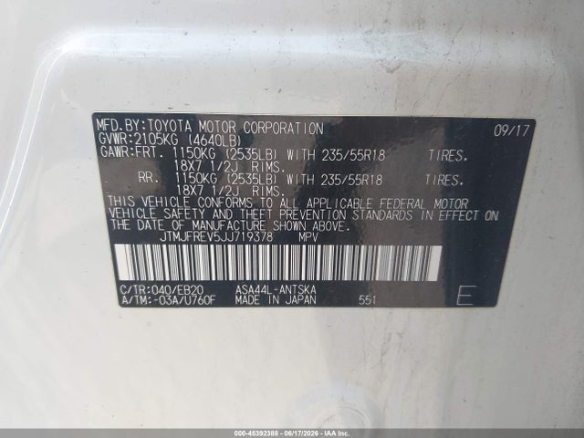 45392388 :رقم المزاد ، JTMJFREV5JJ719378 vin ، 2018 Toyota Rav4 Se مزاد بيع