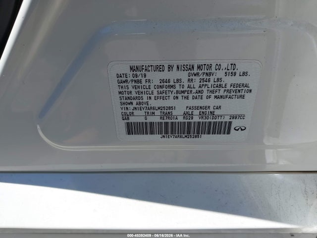 2020 Infiniti Q50 Luxe Awd მანქანა იყიდება აუქციონზე, vin: JN1EV7AR6LM252851, აუქციონის ნომერი: 45392409
