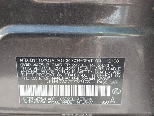 Продаж на аукціоні авто 2009 Lexus Is 250, vin: JTHBK262792093123, номер лоту: 45392412