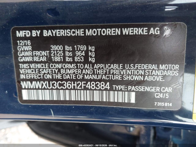 Продажа на аукционе авто 2017 Mini Hardtop Cooper S, vin: WMWXU3C36H2F48384, номер лота: 45392421