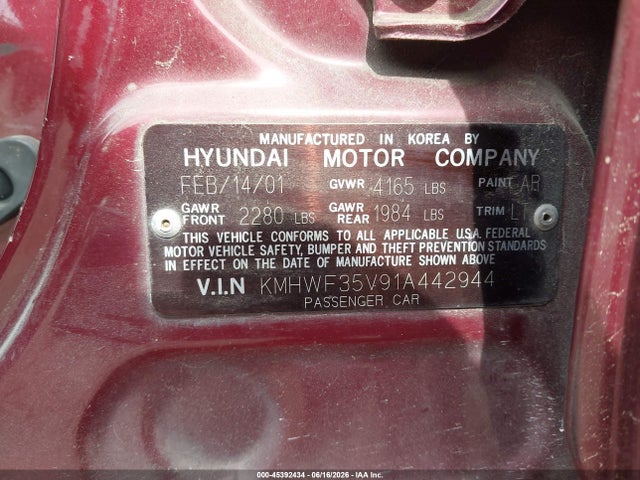 2001 Hyundai Sonata Gls/gls W/leather მანქანა იყიდება აუქციონზე, vin: KMHWF35V91A442944, აუქციონის ნომერი: 45392434