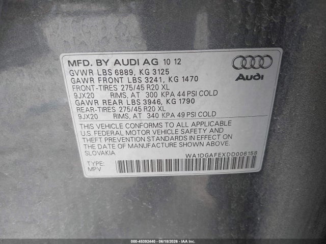 Продаж на аукціоні авто 2013 Audi Q7 3.0t S Line Prestige, vin: WA1DGAFEXDD006158, номер лоту: 45392440
