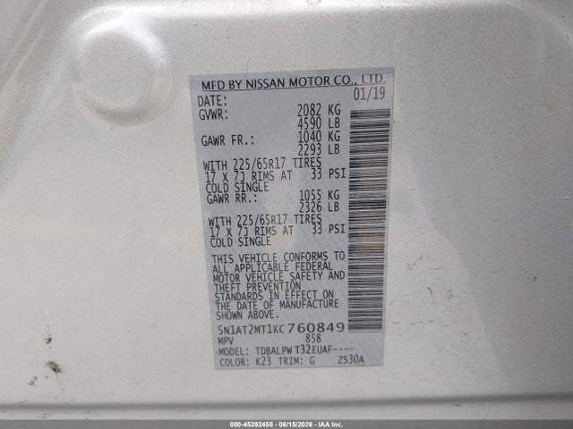 2019 Nissan Rogue S მანქანა იყიდება აუქციონზე, vin: 5N1AT2MT1KC760849, აუქციონის ნომერი: 45392455