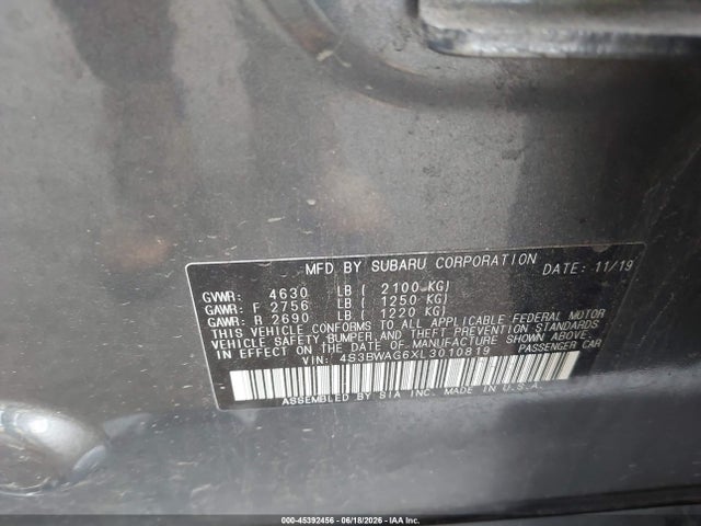 2020 Subaru Legacy Sport მანქანა იყიდება აუქციონზე, vin: 4S3BWAG6XL3010819, აუქციონის ნომერი: 45392456
