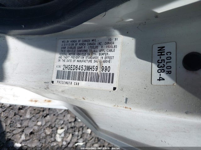 Aukcja sprzedaży 1991 Honda Civic Dx, vin: 2HGED6453MH593990, numer aukcji: 45392463