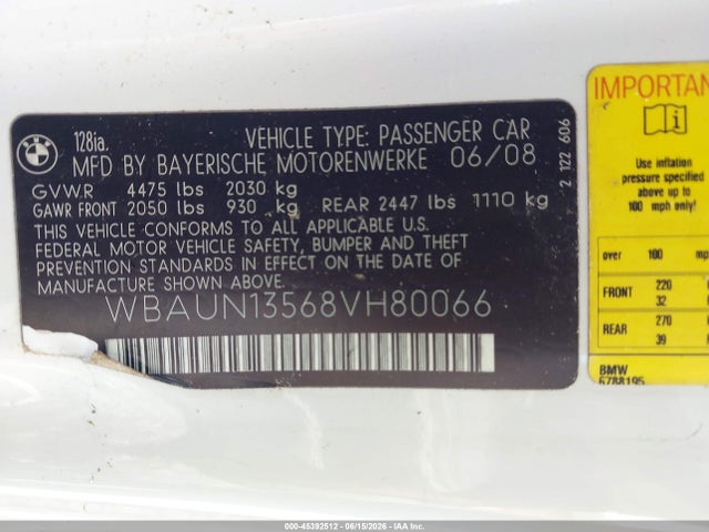 45392512 :رقم المزاد ، WBAUN13568VH80066 vin ، 2008 Bmw 128i مزاد بيع