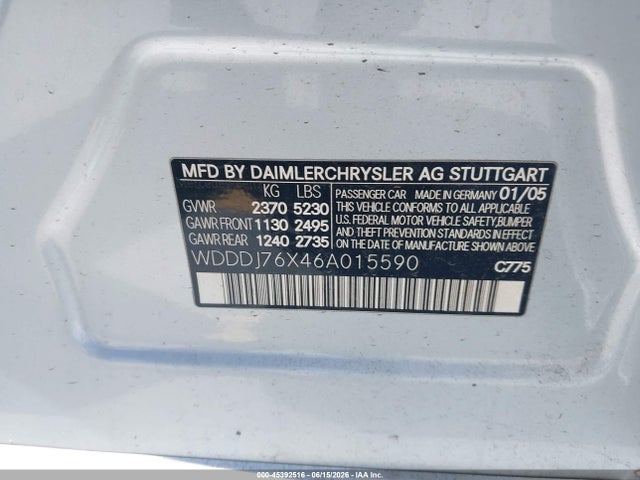 45392516 :رقم المزاد ، WDDDJ76X46A015590 vin ، 2006 Mercedes-benz Cls 55 Amg مزاد بيع