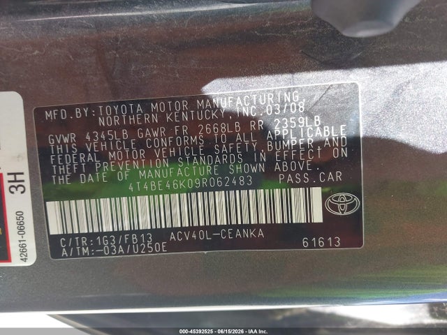 Aukcja sprzedaży 2009 Toyota Camry Le, vin: 4T4BE46K09R062483, numer aukcji: 45392525