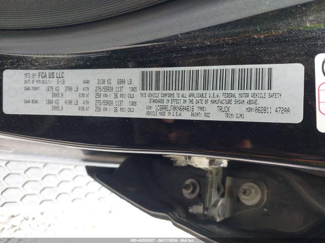 Продаж на аукціоні авто 2019 Ram 1500 Laramie  4x2 5'7 Box, vin: 1C6RREJT0KN604616, номер лоту: 45392527