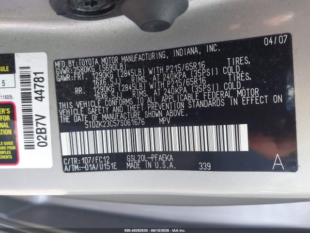 Aukcja sprzedaży 2007 Toyota Sienna Le, vin: 5TDZK23C57S061676, numer aukcji: 45392530