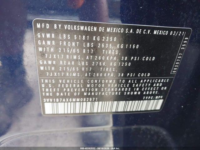 2021 Volkswagen Tiguan 2.0t S მანქანა იყიდება აუქციონზე, vin: 3VV1B7AX6MM082971, აუქციონის ნომერი: 45392532
