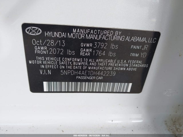 Aukcja sprzedaży 2013 Hyundai Elantra Gls, vin: 5NPDH4AE1DH442239, numer aukcji: 45392538