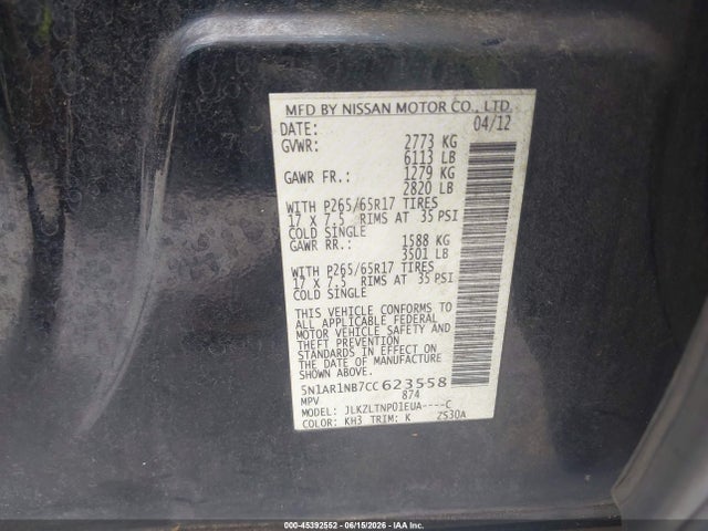45392552 :رقم المزاد ، 5N1AR1NB7CC623558 vin ، 2012 Nissan Pathfinder Sv مزاد بيع