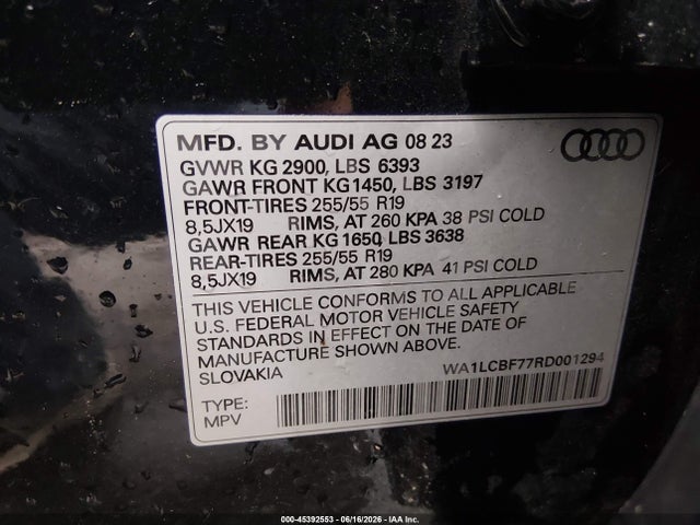 Продажа на аукционе авто 2024 Audi Q7 Premium Plus 45 Tfsi Quattro Tiptronic, vin: WA1LCBF77RD001294, номер лота: 45392553
